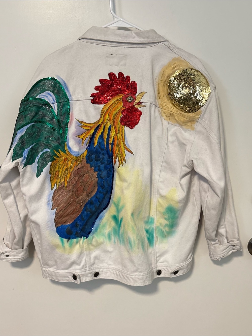 White Hand-Painted Rooster Denim Jacket